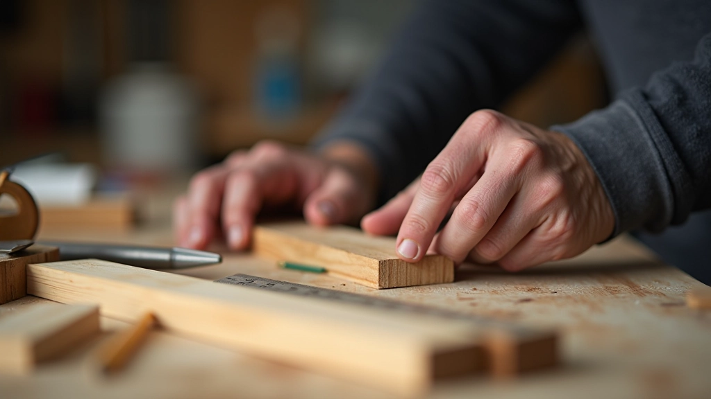 Hands-on demonstration of woodworking technique with measuring tools, wooden pieces, and workshop equipment on a wooden workbench
