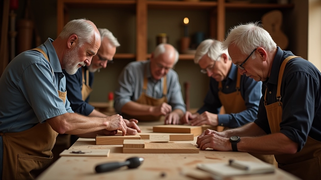 Group of men working on woodcraft projects together in workshop setting
