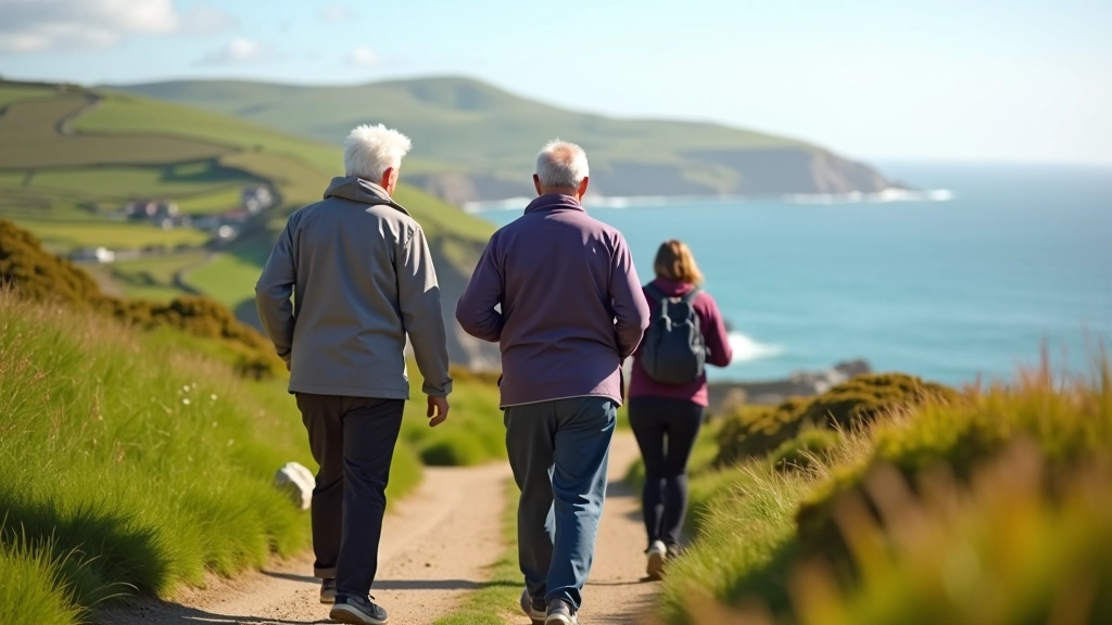 Older adults walking together on a coastal path