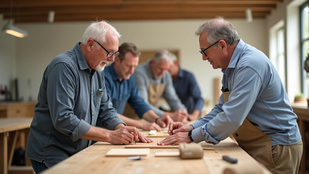 Group of men of various ages working on woodworking projects in a bright, well-equipped workshop space with organized tools and materials