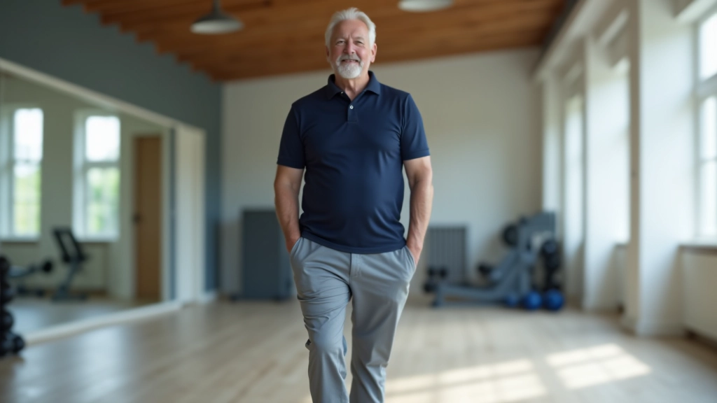 Older man in casual athletic wear performing a balance exercise in a well-lit fitness studio with wooden floors and large windows