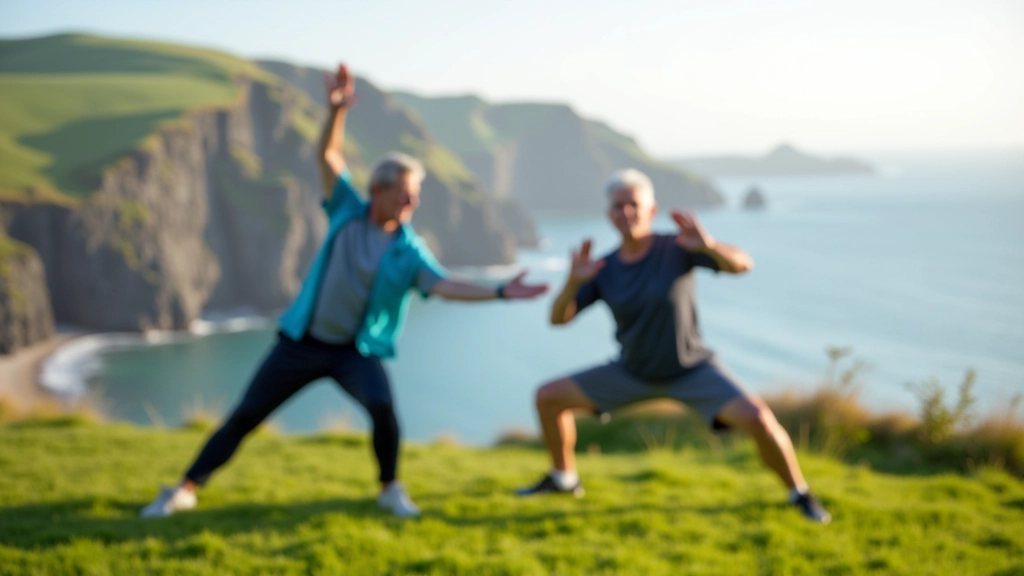 Active older adults stretching and warming up on grassy coastal area before a walk