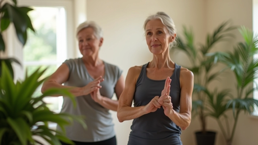 Two people of retirement age doing yoga or stretching in a bright home studio with plants and natural light