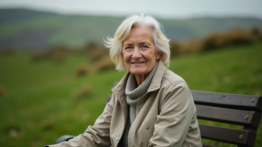 Woman sitting on park bench overlooking green hills and countryside, smiling peacefully, relaxed posture